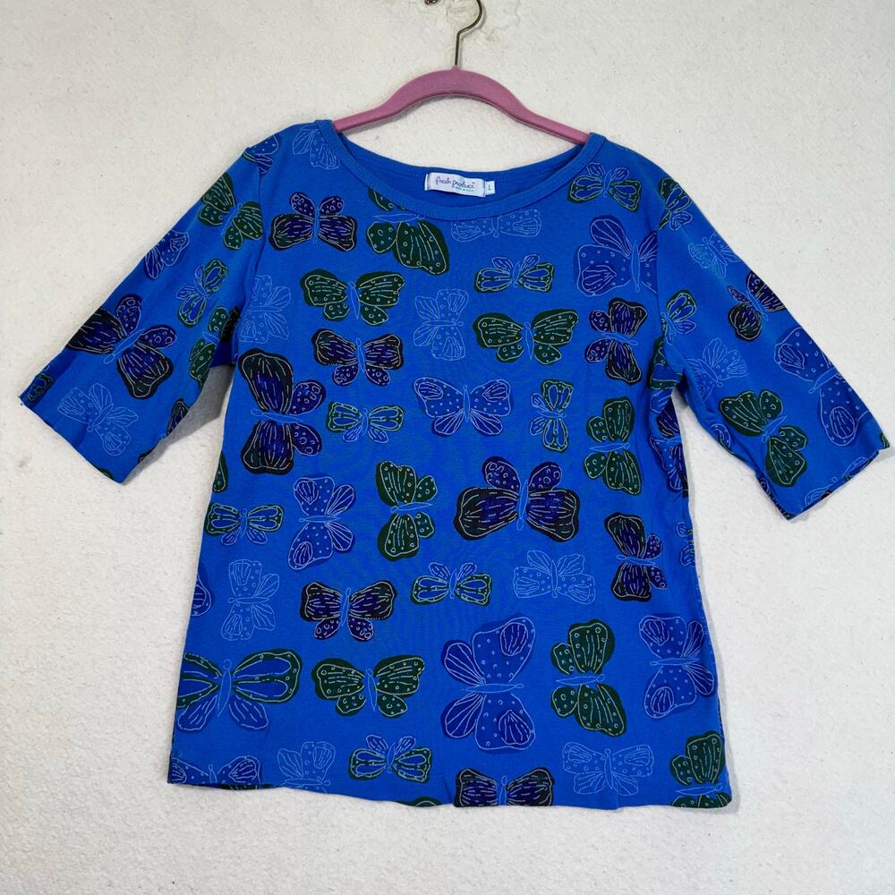 Fresh Produce Vibrant Blue 3/4 Sleeve Shirt Colorful Butterflies Medium 90s VTG